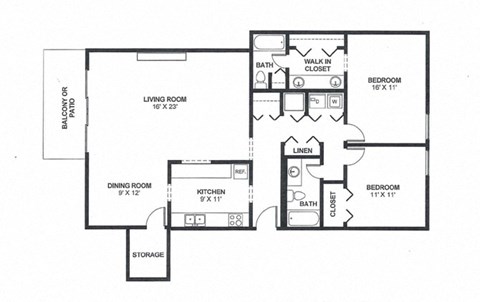 Floor plan for 2 beds, 2 baths, 1415 sqft